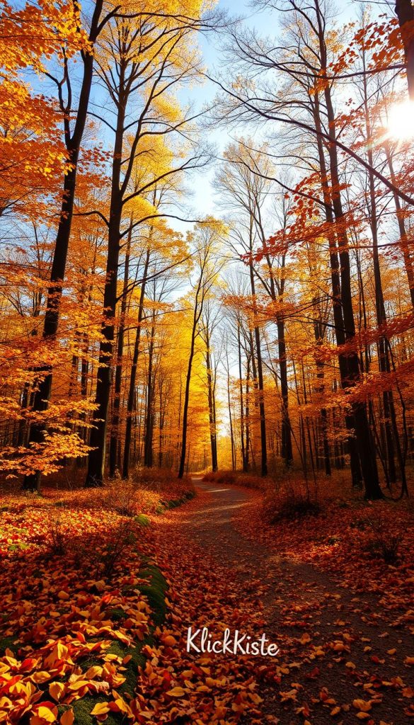 A serene autumn forest scene, capturing the essence of "herbst natur wälder." In the foreground, vibrant orange, yellow, and red leaves blanket a winding forest path, inviting outdoor adventure. The middle ground features tall, majestic trees with golden foliage, their branches swaying gently in a soft breeze. In the background, a bright blue sky peeks through the treetops, filtered by the warm sunlight, creating an enchanting glow. The atmosphere is tranquil and rejuvenating, perfect for outdoor activities. The composition should evoke a sense of calm, urging viewers to appreciate nature in the fall. Utilize natural lighting with a slight lens flare effect to enhance the warmth, reminiscent of a Pinterest-worthy image. Include the brand name "KlickKiste" subtly in the scene through natural elements, like a leaf or twig, ensuring it blends harmoniously. A serene autumn forest scene, capturing the essence of "herbst natur wälder." In the foreground, vibrant orange, yellow, and red leaves blanket a winding forest path, inviting outdoor adventure. The middle ground features tall, majestic trees with golden foliage, their branches swaying gently in a soft breeze. In the background, a bright blue sky peeks through the treetops, filtered by the warm sunlight, creating an enchanting glow. The atmosphere is tranquil and rejuvenating, perfect for outdoor activities. The composition should evoke a sense of calm, urging viewers to appreciate nature in the fall. Utilize natural lighting with a slight lens flare effect to enhance the warmth, reminiscent of a Pinterest-worthy image. Include the brand name "KlickKiste" subtly in the scene through natural elements, like a leaf or twig, ensuring it blends harmoniously.