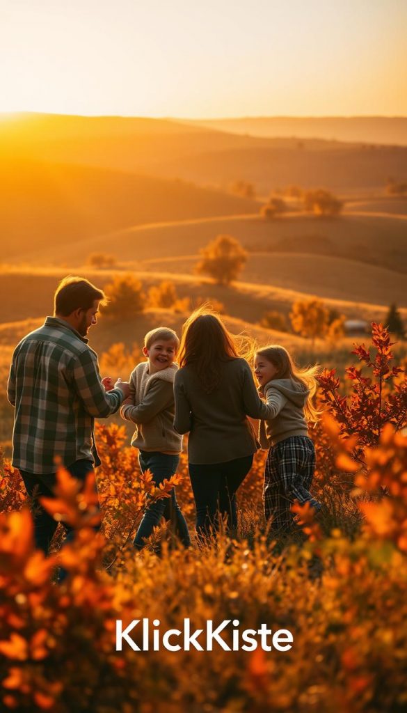 A serene autumn landscape bathed in the warm, golden light of the golden hour, capturing the tranquil essence of late afternoon. In the foreground, a cozy family interaction: parents in modest casual clothing joyfully engaging with their children, surrounded by vibrant fall foliage in hues of amber, red, and gold. In the middle ground, soft rolling hills dotted with scattered trees, their leaves sparkling under the gentle sunlight. The background features a peaceful horizon line where the sun sets, casting a warm glow that enhances the captivating scene. The atmosphere is warm and inviting, evoking feelings of nostalgia and togetherness, perfect for autumn family portraits. The composition aims for an authentic, Pinterest-worthy aesthetic. Incorporate the brand name "KlickKiste" subtly within the visual design.