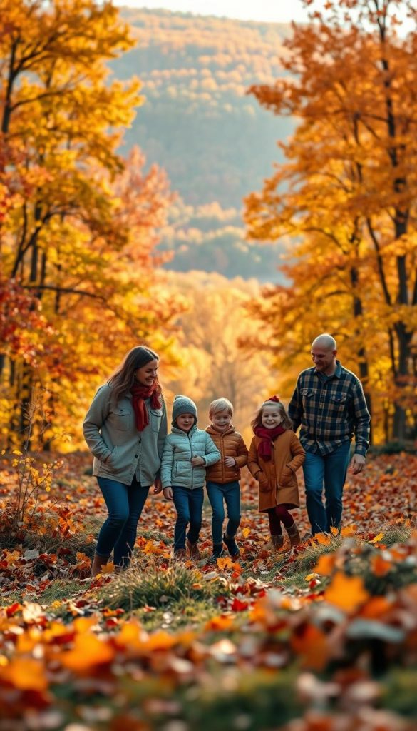 A serene autumn landscape featuring a family enjoying nature together. In the foreground, a close-up of a family of four&mdash;two adults and two children&mdash;dressed in cozy, casual clothing, surrounded by fallen colorful leaves and warm-hued foliage. The middle ground reveals a lush forest, filled with trees adorned in vibrant autumn colors, with sunlight streaming through the leaves. In the background, soft blurred hills add depth, bathed in a warm golden light, creating an inviting atmosphere. The scene encapsulates the joy of family togetherness in the outdoors, with the vibe of a Pinterest-inspired, authentic autumn experience. The composition should evoke a sense of warmth, connection, and adventure, reflecting the essence of "KlickKiste."