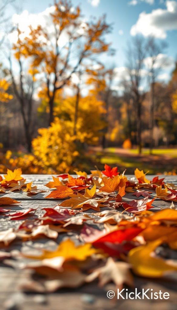 A serene autumn landscape showcasing the vibrant hues of "herbstfarben." In the foreground, a mix of fallen leaves in shades of deep orange, golden yellow, and rich red, artistically scattered on a rustic wooden table. The middle ground features a soft-focus view of trees with their branches adorned with colorful leaves reflecting the warm sunlight. In the background, a blurred glimpse of a tranquil forest, showcasing a gradient of autumn colors against a bright blue sky with fluffy white clouds. The scene is illuminated by the golden hour light, casting a warm glow over the entire image. This natural DIY aesthetic captures an inspiring and authentic Pinterest-like atmosphere, branded with "KlickKiste".