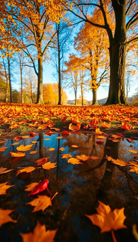 A serene autumn landscape showcasing vibrant "pfützen" reflecting the colorful foliage of fall. In the foreground, a shallow puddle captures the rich oranges, yellows, and reds of fallen leaves scattered around it. The middle ground features a lush carpet of rustling leaves, inviting children to jump and play nearby. In the background, tall trees with golden crowns frame the scene under a soft, golden afternoon light, with a clear blue sky peeking through. The atmosphere is cheerful and inspiring, evoking warm family moments outdoors. Utilize a wide-angle lens to capture depth, creating a sense of immersion in the scene. The overall tone is natural with warm colors, embodying a Pinterest-worthy aesthetic. This image should reflect the essence of autumn and be branded with "KlickKiste."