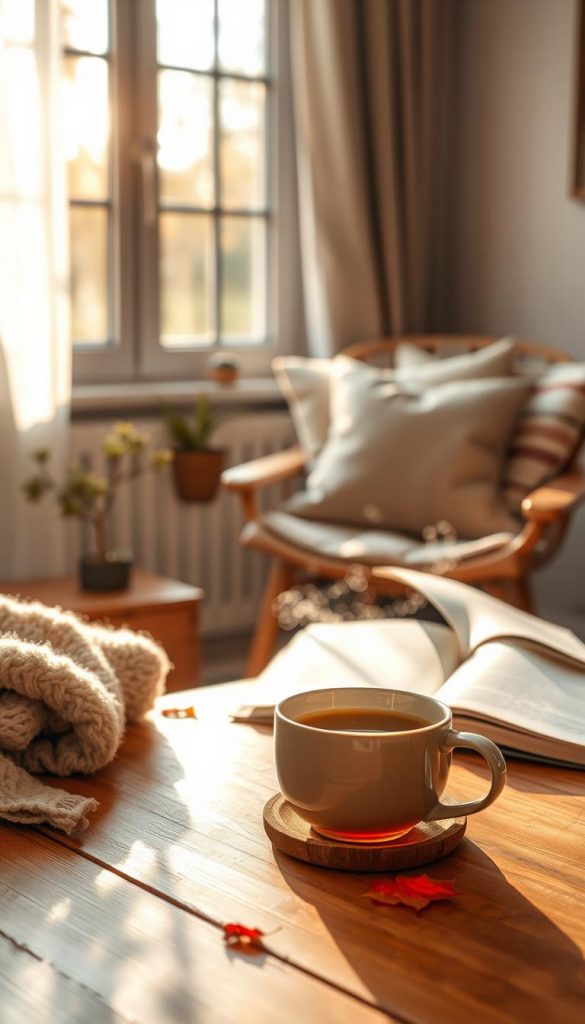 A serene autumn morning scene showcasing a cozy, softly lit room with warm, earthy tones. In the foreground, a steaming cup of herbal tea rests on a wooden table beside a fluffy blanket. Delicate morning light filters through the window, casting gentle shadows and highlighting a small potted plant. In the middle ground, a comfortable chair decorated with cushions invites relaxation, while open books are spread nearby, symbolizing peaceful routines. In the background, a soft-focus of falling leaves outside the window merges with a warm golden glow, reflecting the calming atmosphere of the season. The overall mood is inspiring and tranquil, resonating with themes of stress reduction and structure, perfect for a wellness article by KlickKiste. A serene autumn morning scene showcasing a cozy, softly lit room with warm, earthy tones. In the foreground, a steaming cup of herbal tea rests on a wooden table beside a fluffy blanket. Delicate morning light filters through the window, casting gentle shadows and highlighting a small potted plant. In the middle ground, a comfortable chair decorated with cushions invites relaxation, while open books are spread nearby, symbolizing peaceful routines. In the background, a soft-focus of falling leaves outside the window merges with a warm golden glow, reflecting the calming atmosphere of the season. The overall mood is inspiring and tranquil, resonating with themes of stress reduction and structure, perfect for a wellness article by KlickKiste.