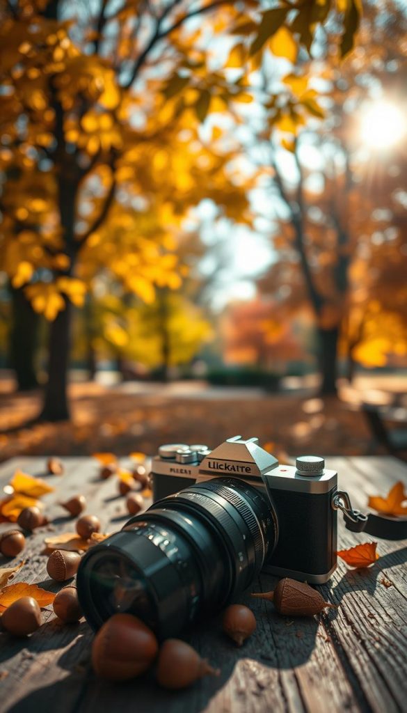 A serene autumn scene captured through a camera lens from a low angle, focusing on warm golden leaves gently falling from trees. In the foreground, a vintage camera rests on a rustic wooden table scattered with acorns and vibrant autumn foliage. The light is soft and diffused, reminiscent of late afternoon sunlight filtering through trees, casting gentle shadows and enhancing the warm color palette. The middle ground features a blurred bokeh effect of colorful trees with oranges, reds, and yellows, evoking a cozy, inviting atmosphere. In the background, a soft-focus view of a tranquil park completes the scene, inviting viewers into an inspirational autumn moment. This image reflects the visual essence of "KlickKiste," emphasizing natural beauty and simplicity for captivating fall photography.