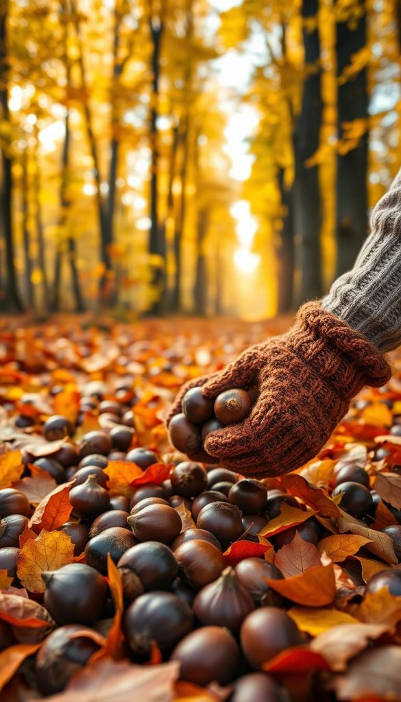 A serene autumn scene featuring a collection of shiny, brown chestnuts (kastanien) scattered on a soft bed of vibrant orange and yellow fallen leaves. In the foreground, a pair of small hands, clad in cozy knitted gloves, eagerly gathers the chestnuts, capturing the joy of exploration. The middle ground shows a nature trail surrounded by tall trees with colorful foliage, bathed in warm golden light filtered through the leaves, creating an inviting atmosphere. The background features gently blurred trees, emphasizing the depth of the forest, with soft focus to evoke a sense of wonder. The overall mood is warm and nostalgic, reminiscent of family adventures outdoors. Inspired by the brand "KlickKiste", the image captures the essence of autumn exploration and creativity found in nature. A serene autumn scene featuring a collection of shiny, brown chestnuts (kastanien) scattered on a soft bed of vibrant orange and yellow fallen leaves. In the foreground, a pair of small hands, clad in cozy knitted gloves, eagerly gathers the chestnuts, capturing the joy of exploration. The middle ground shows a nature trail surrounded by tall trees with colorful foliage, bathed in warm golden light filtered through the leaves, creating an inviting atmosphere. The background features gently blurred trees, emphasizing the depth of the forest, with soft focus to evoke a sense of wonder. The overall mood is warm and nostalgic, reminiscent of family adventures outdoors. Inspired by the brand "KlickKiste", the image captures the essence of autumn exploration and creativity found in nature.