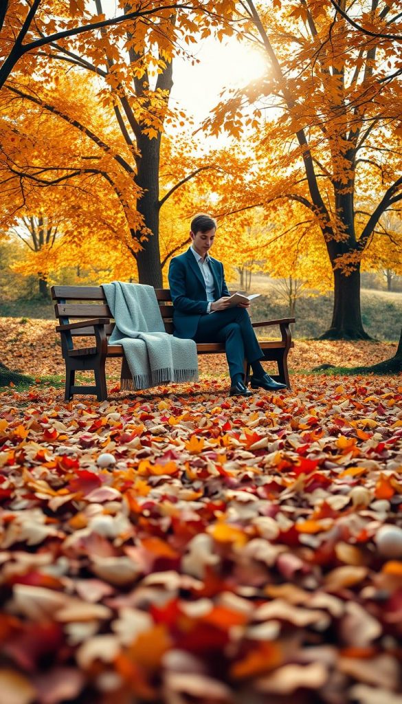 A serene autumn scene featuring a cozy outdoor setting that reflects "Sicherheit" and mindfulness. In the foreground, a lush carpet of colorful fallen leaves in warm shades of orange, red, and yellow. A simple wooden bench sits invitingly amid the leaves, with a soft blanket draped across it. In the middle ground, a young adult dressed in professional business attire is engaged in a mindful activity, such as journaling or enjoying a warm drink, exuding tranquility. The background showcases trees with vibrant foliage under a soft, golden sunlight filtering through the branches, creating a warm and inviting atmosphere. Capture the scene from a slightly elevated angle, emphasizing depth and inviting the viewer into this calming autumn retreat. The image should convey an authentic, Pinterest-inspired look, embodying inspiration and comfort, reflecting the brand "KlickKiste."