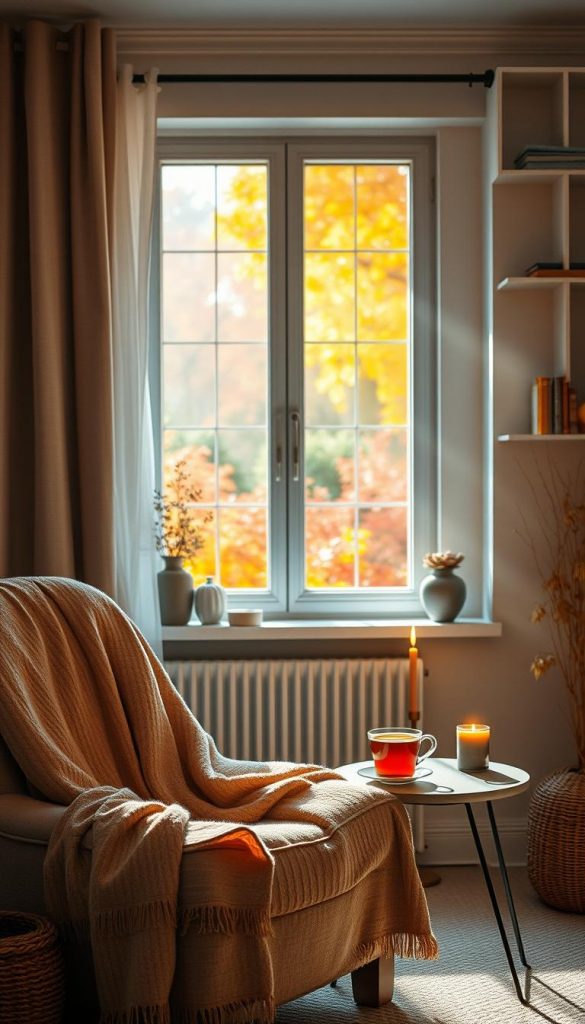 A serene autumn scene featuring a cozy, well-lit room with soft, warm artificial lighting that creates a welcoming ambiance. In the foreground, a comfortable armchair draped with a soft blanket invites relaxation, flanked by a small table holding a steaming cup of herbal tea and a scented candle. In the middle, a window reveals a glimpse of colorful fall foliage outside, with rays of golden sunlight streaming in. The background showcases shelves filled with books and decorative items, emphasizing a sense of tranquility and mindfulness. The overall mood is calm and inviting, with a Pinterest-inspired aesthetic that feels both inspirational and authentic. The image should reflect a sense of digital balance and safety during autumn, aligned with the brand KlickKiste.
