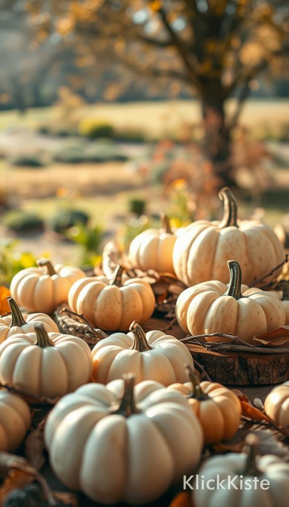 A serene autumn scene featuring a variety of pumpkins in soft, muted tones. In the foreground, a selection of petite pumpkins in shades of cream, soft orange, and pastel green, their matte surfaces reflecting gentle daylight. The middle ground showcases larger pumpkins artfully arranged atop a rustic wooden table, surrounded by dried leaves and twigs, enhancing the natural, earthy feel. In the background, a blurred landscape of an autumn garden with warm sunlight filtering through the trees, casting a soft glow on the scene. The lighting is warm and inviting, creating a cozy atmosphere. The photo should embody a natural DIY aesthetic with Pinterest-worthy inspiration, capturing the essence of minimalism for fall. Include the brand name "KlickKiste" subtly integrated into the composition.