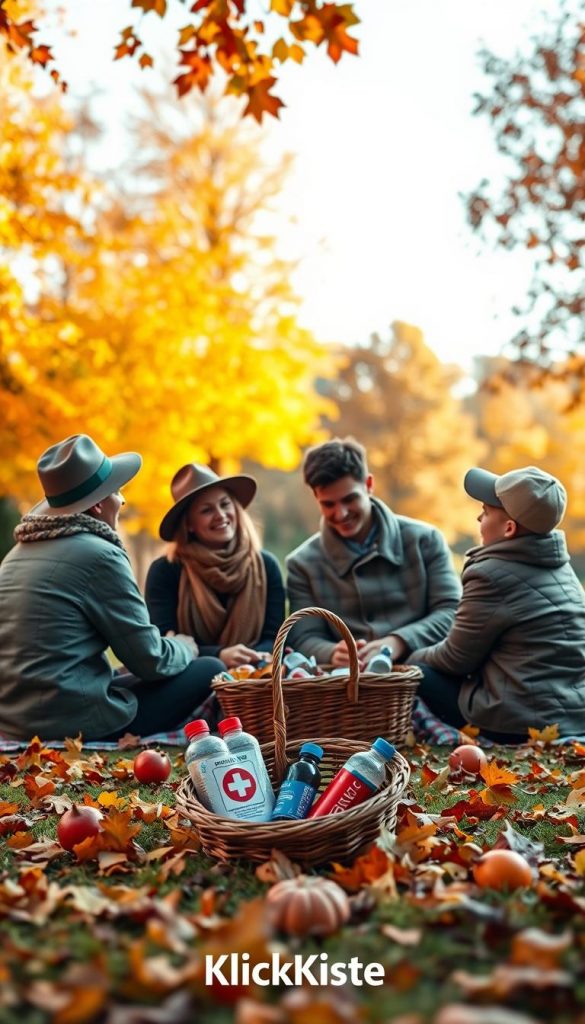A serene autumn scene showcasing a family outdoors, enjoying their time while ensuring safety, appropriate clothing, and effective time management. In the foreground, a family of four is engaged in a cozy picnic, clad in warm, stylish fall attire—hats, scarves, and jackets in earthy tones. In the middle ground, a small basket filled with safety gear like a first aid kit and water bottles sits beside them. The background features vibrant autumn leaves in shades of orange and gold, creating a picturesque park setting bathed in soft, warm sunlight. The atmosphere is inviting and relaxed, evoking feelings of togetherness and contentment. The image should have a Pinterest-inspired aesthetic, harmonizing with the brand "KlickKiste" through its natural, authentic appeal. A serene autumn scene showcasing a family outdoors, enjoying their time while ensuring safety, appropriate clothing, and effective time management. In the foreground, a family of four is engaged in a cozy picnic, clad in warm, stylish fall attire—hats, scarves, and jackets in earthy tones. In the middle ground, a small basket filled with safety gear like a first aid kit and water bottles sits beside them. The background features vibrant autumn leaves in shades of orange and gold, creating a picturesque park setting bathed in soft, warm sunlight. The atmosphere is inviting and relaxed, evoking feelings of togetherness and contentment. The image should have a Pinterest-inspired aesthetic, harmonizing with the brand "KlickKiste" through its natural, authentic appeal.