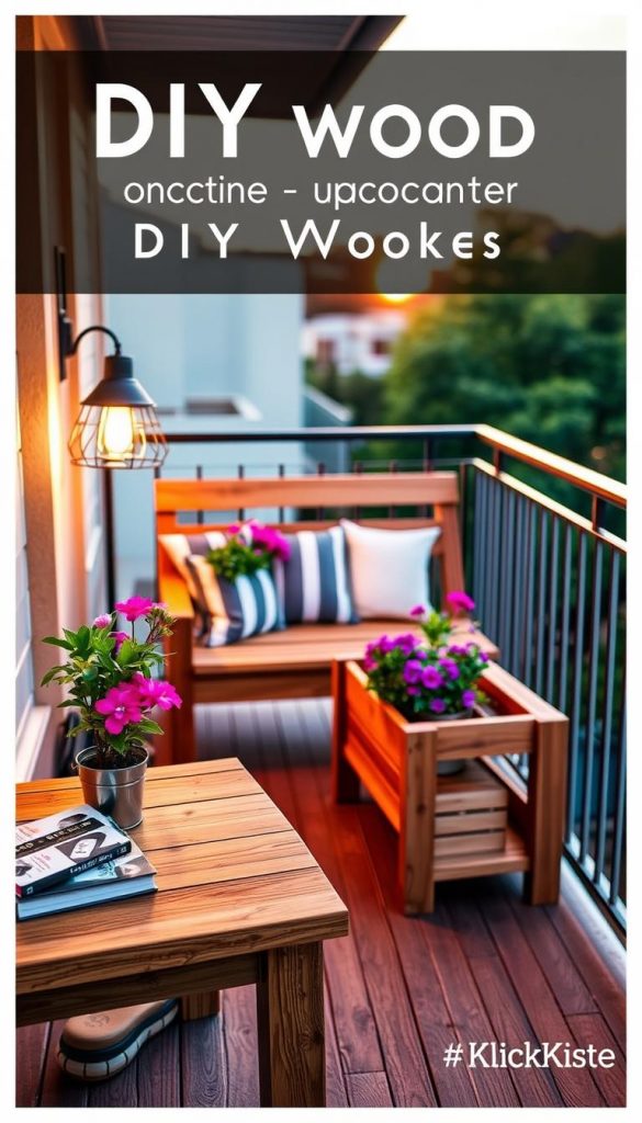 A serene balcony scene featuring three distinct DIY wood projects: a rustic side table, a bench integrated with a planter filled with vibrant flowers, and a stylish lamp for ambient lighting. The foreground showcases the wooden side table adorned with a potted plant and a book, while the bench is positioned centrally, demonstrating practicality and creativity. The background reveals a softly illuminated sunset, casting warm, golden hues across the space, enhancing the inviting atmosphere. The image embodies a natural DIY aesthetic with warm colors and an authentic Pinterest-inspired vibe, showcasing the brand "KlickKiste." The composition is shot from a slightly elevated angle to capture the fullness of the balcony, creating an inspiring and uplifting mood.