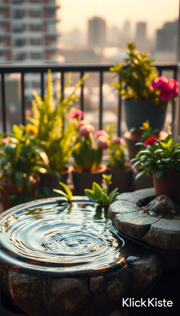 A serene balcony scene showcasing a DIY water feature, specifically a charming mini-pond with gently flowing water, surrounded by lush green plants and colorful flowers. In the foreground, the clear water from the pond reflects sunlight, creating sparkling highlights, while delicate ripples enhance the tranquil atmosphere. The middle ground features a beautifully arranged collection of potted plants, adding layers of texture with their varying shades of green. The background reveals a cozy urban skyline, softly blurred to maintain focus on the vibrant balcony oasis. The scene is illuminated by warm, golden hour lighting, enhancing the natural colors and creating an inviting mood. The overall composition should embody an aesthetic inspired by Pinterest, reflecting a harmonious blend of nature and DIY creativity, branded with the name "KlickKiste." A serene balcony scene showcasing a DIY water feature, specifically a charming mini-pond with gently flowing water, surrounded by lush green plants and colorful flowers. In the foreground, the clear water from the pond reflects sunlight, creating sparkling highlights, while delicate ripples enhance the tranquil atmosphere. The middle ground features a beautifully arranged collection of potted plants, adding layers of texture with their varying shades of green. The background reveals a cozy urban skyline, softly blurred to maintain focus on the vibrant balcony oasis. The scene is illuminated by warm, golden hour lighting, enhancing the natural colors and creating an inviting mood. The overall composition should embody an aesthetic inspired by Pinterest, reflecting a harmonious blend of nature and DIY creativity, branded with the name "KlickKiste."