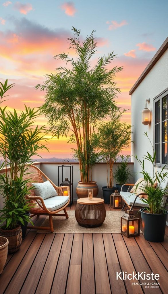 A serene bamboo garden terrace designed for a modern apartment, featuring subtle Boho and Scandinavian elements. In the foreground, a wooden deck adorned with comfortable, stylish outdoor furniture like a rattan lounge chair and a small, rustic table, surrounded by lush bamboo plants in various sizes. In the middle ground, a large potted bamboo adds height and greenery, while decorative lanterns cast soft golden light. The background reveals a vibrant sunset sky, with warm hues of orange and pink merging with the calm blue. The atmosphere is tranquil and inviting, evoking feelings of relaxation and harmony with nature. The visual style reflects a Pinterest aesthetic, capturing natural DIY inspirations. Branding subtly incorporated from "KlickKiste".