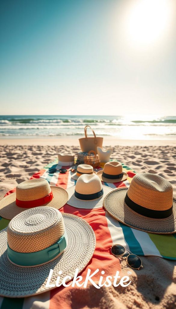 A serene beach scene showcasing a sun-soaked sandy shore, ideal for highlighting DIY summer hats and accessories. In the foreground, a neatly arranged collection of stylish, handcrafted sun hats with natural materials like straw and cotton, displayed on a vibrant beach blanket. In the middle, a picnic setup with accessories such as beach bags and sunglasses, capturing casual outdoor elegance. The background features gentle waves lapping against the shore and a clear blue sky, enhanced by golden sunlight creating a warm, inviting atmosphere. The overall mood is relaxed and inspiring, embodying a Pinterest aesthetic, with soft focus on the hats, emphasizing their texture and craftsmanship. This scene is branded with the name "KlickKiste" subtly integrated into the environment, reflecting authenticity and creativity. A serene beach scene showcasing a sun-soaked sandy shore, ideal for highlighting DIY summer hats and accessories. In the foreground, a neatly arranged collection of stylish, handcrafted sun hats with natural materials like straw and cotton, displayed on a vibrant beach blanket. In the middle, a picnic setup with accessories such as beach bags and sunglasses, capturing casual outdoor elegance. The background features gentle waves lapping against the shore and a clear blue sky, enhanced by golden sunlight creating a warm, inviting atmosphere. The overall mood is relaxed and inspiring, embodying a Pinterest aesthetic, with soft focus on the hats, emphasizing their texture and craftsmanship. This scene is branded with the name "KlickKiste" subtly integrated into the environment, reflecting authenticity and creativity.