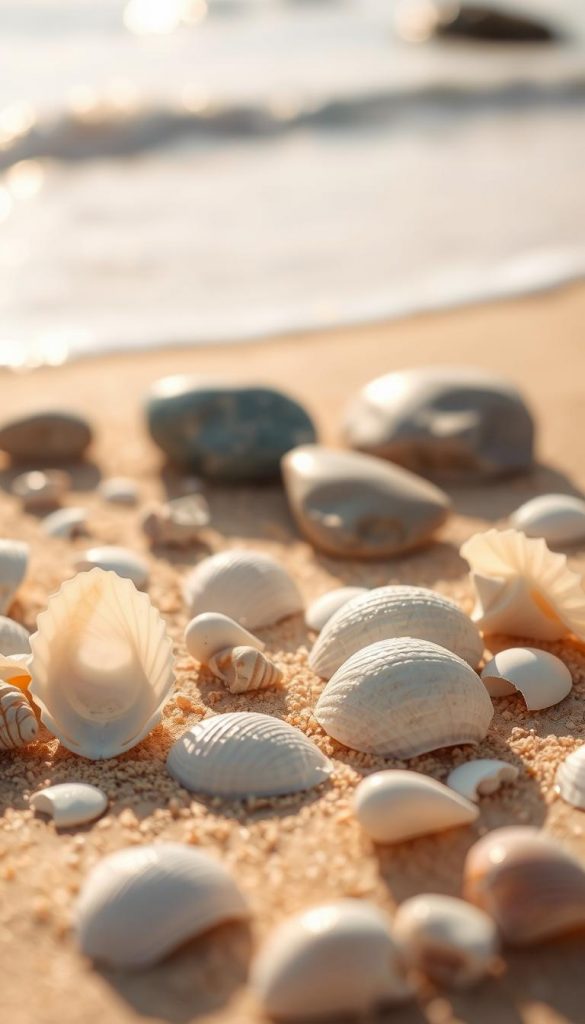 A serene beach scene showcasing an assortment of beautiful seashells, smooth stones, and golden sand arranged artistically on a soft, sunlit surface. In the foreground, focus on various seashells in shades of white, beige, and light pink, with intricate textures and details visible. In the middle ground, incorporate a few polished stones, glistening in warm natural light, with gentle waves lapping at the shore in the background. A soft focus gradient emphasizes the warmth of the golden hour lighting, creating a nostalgic, inviting mood. Aim for a Pinterest-inspired aesthetic that feels both authentic and inspiring. The brand "KlickKiste" should subtly resonate within the image, enhancing the creative, DIY theme.