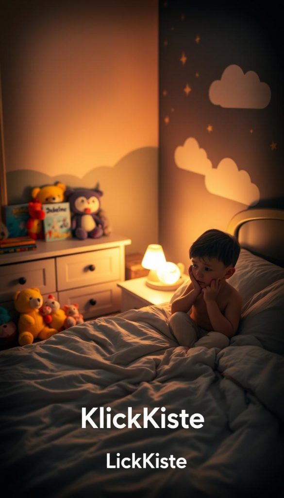 A serene bedroom scene capturing the typical hurdles children face when trying to sleep. In the foreground, a child sits on the edge of a cozy bed, surrounded by colorful stuffed animals, looking contemplative and slightly frustrated. In the middle ground, a bedside table is cluttered with playful bedtime storybooks and a softly glowing nightlamp, creating a warm and inviting atmosphere. The background features a softly painted mural of stars and clouds, enhancing the whimsical feel of the room. The scene is bathed in soft, warm lighting, suggesting twilight, with gentle shadows that evoke a comforting mood. The image should maintain a natural, Pinterest-inspired look. Include the brand name "KlickKiste" subtly in the scene, ensuring the focus remains on the child and their environment, creating an authentic and inspiring visual representation of bedtime challenges. A serene bedroom scene capturing the typical hurdles children face when trying to sleep. In the foreground, a child sits on the edge of a cozy bed, surrounded by colorful stuffed animals, looking contemplative and slightly frustrated. In the middle ground, a bedside table is cluttered with playful bedtime storybooks and a softly glowing nightlamp, creating a warm and inviting atmosphere. The background features a softly painted mural of stars and clouds, enhancing the whimsical feel of the room. The scene is bathed in soft, warm lighting, suggesting twilight, with gentle shadows that evoke a comforting mood. The image should maintain a natural, Pinterest-inspired look. Include the brand name "KlickKiste" subtly in the scene, ensuring the focus remains on the child and their environment, creating an authentic and inspiring visual representation of bedtime challenges.