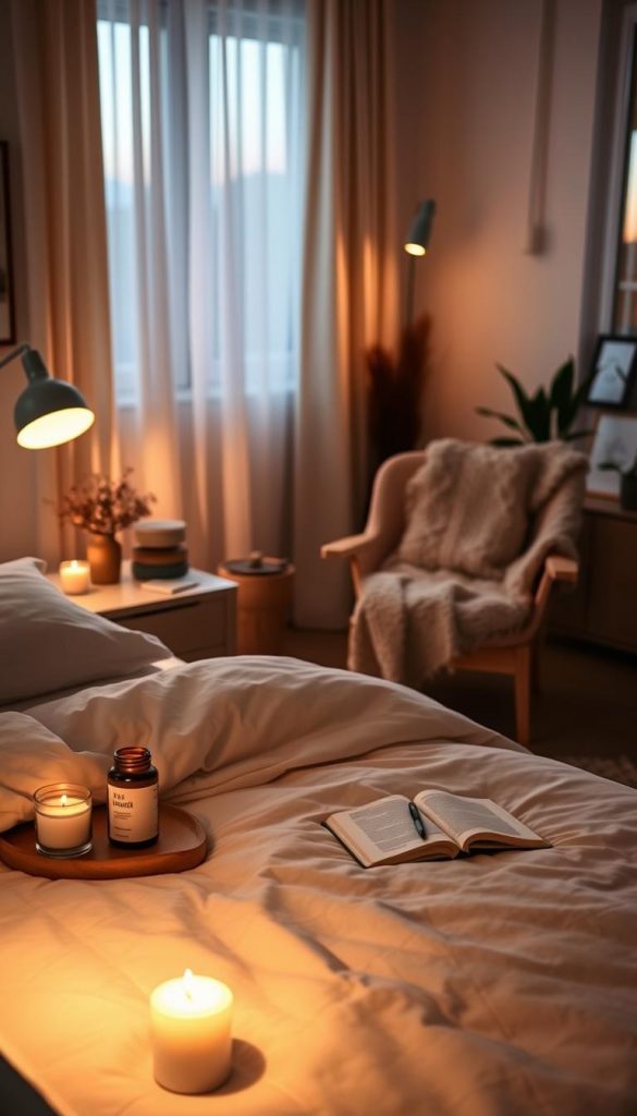 A serene bedroom scene designed for restful evening rituals. In the foreground, a neatly made bed with soft, neutral-toned linens and a fluffy white duvet. A warm bedside lamp casts a soft glow, illuminating a few carefully arranged aromatherapy candles and a journal on a bedside table. In the middle ground, an inviting armchair with a knitted throw suggests a cozy reading nook. The background features softly drawn curtains letting in gentle twilight, enhancing the tranquil atmosphere. Natural wood accents and plants create a connection to nature, emphasizing mindfulness. The overall mood is warm and calming, embodying structure, safety, and mindfulness for a peaceful transition to sleep. The image should reflect a Pinterest-worthy aesthetic with warm colors, perfect for the brand KlickKiste.