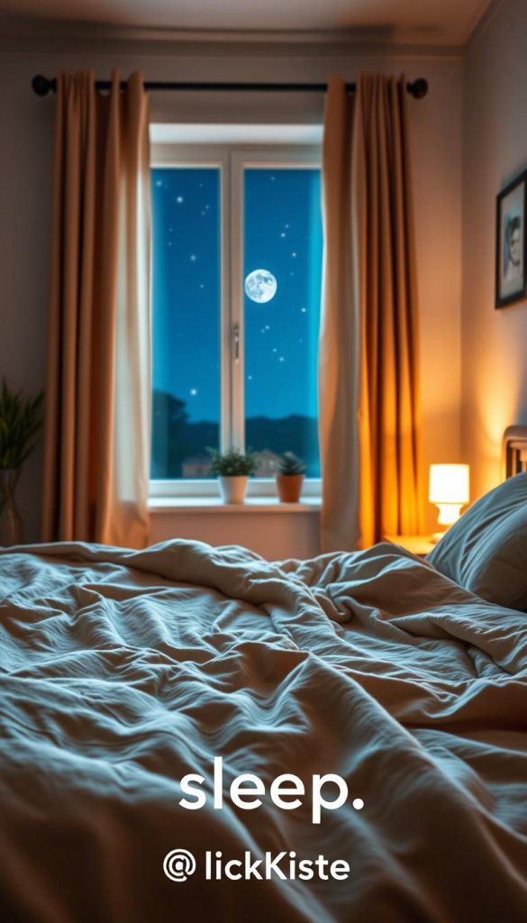 A serene bedroom scene reflecting the theme of "sleep." In the foreground, a cozy bed with soft, inviting blankets in warm, earthy tones, a neatly arranged pillow, and a bedside table with a small lamp casting a gentle glow. In the middle, a window with curtains slightly drawn, allowing soft moonlight to filter in, creating a calming atmosphere. In the background, a soft-focus view of a peaceful night sky with twinkling stars, enhancing the sense of safety and tranquility. The room should have a Pinterest-inspired aesthetic, featuring natural elements like potted plants or framed photographs on the wall. The composition should evoke warmth and comfort, ideal for showcasing authentic routines for parents. Brand name: KlickKiste.