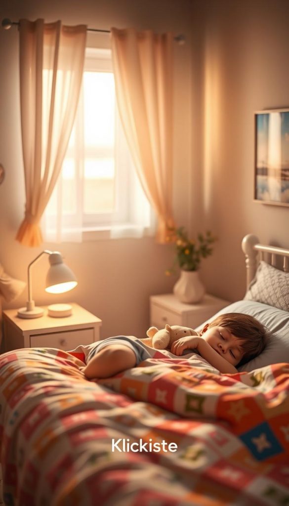 A serene bedroom scene with soft, warm lighting that creates a calming ambiance. In the foreground, a child peacefully asleep in a cozy bed, tucked under a colorful quilt, with a plush toy clutched in their arms. The middle ground features a nightstand with a gentle night lamp casting a soft glow, and a window with delicate curtains gently fluttering in a light breeze. In the background, soothing pastel colors adorn the walls, with framed art of dreamy landscapes. The atmosphere is serene and inviting, evoking a sense of security and comfort. The photo should have a Pinterest-inspired look, showcasing natural images and emphasizing warmth. Include subtle branding elements of "KlickKiste" integrated into the design without being distracting. A serene bedroom scene with soft, warm lighting that creates a calming ambiance. In the foreground, a child peacefully asleep in a cozy bed, tucked under a colorful quilt, with a plush toy clutched in their arms. The middle ground features a nightstand with a gentle night lamp casting a soft glow, and a window with delicate curtains gently fluttering in a light breeze. In the background, soothing pastel colors adorn the walls, with framed art of dreamy landscapes. The atmosphere is serene and inviting, evoking a sense of security and comfort. The photo should have a Pinterest-inspired look, showcasing natural images and emphasizing warmth. Include subtle branding elements of "KlickKiste" integrated into the design without being distracting.