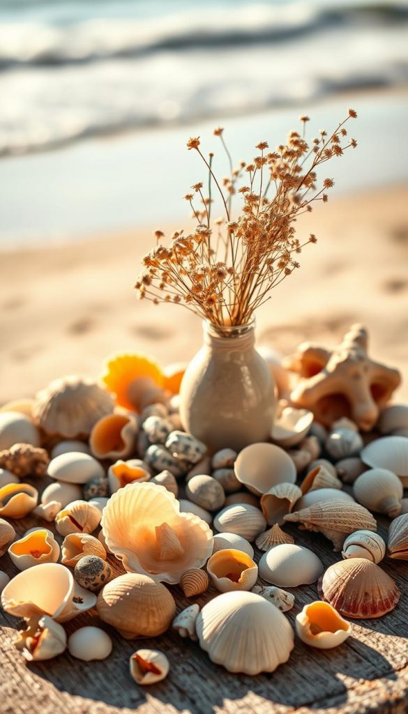 A serene coastal scene featuring a collection of beautifully arranged seashells on a rustic wooden tabletop. In the foreground, an assortment of colorful seashells of varying shapes and sizes, including conchs, clams, and scallops, catches the soft golden sunlight, creating warm highlights and gentle shadows. In the middle ground, a handcrafted shell vase filled with wild, delicate flowers adds a touch of nature, while smooth, rounded pebbles surround its base, enhancing the organic feel. The background showcases a blurred sandy beach and gentle waves, evoking a tranquil seaside atmosphere. The scene is infused with earthy tones and warm lighting, embodying a natural and inspiring DIY aesthetic suited for KlickKiste. Captured with a shallow depth of field to focus on the textures and colors of the shells, the image invites creativity and evokes a sense of calm.