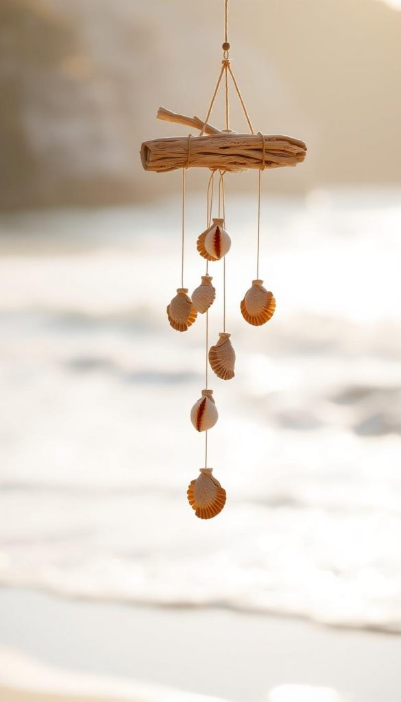 A serene, coastal scene showcasing a beautifully crafted wind chime made from driftwood and seashells, illustrating a natural DIY summer decoration. In the foreground, the wind chime sways gently, its earthy tones contrasting beautifully with the soft, warm light of a late afternoon sun. The middle ground features a blurred background of a sunlit beach with soft waves lapping at the shore, creating a tranquil atmosphere. Subtle shadows dance beneath the wind chime, emphasizing its organic texture and craftsmanship. The overall mood is warm and inviting, evoking a sense of peaceful summer days. This image should embody a Pinterest-like aesthetic, bright yet soft, perfect for inspiring natural decor ideas. Include a hint of the brand "KlickKiste" in the design description.