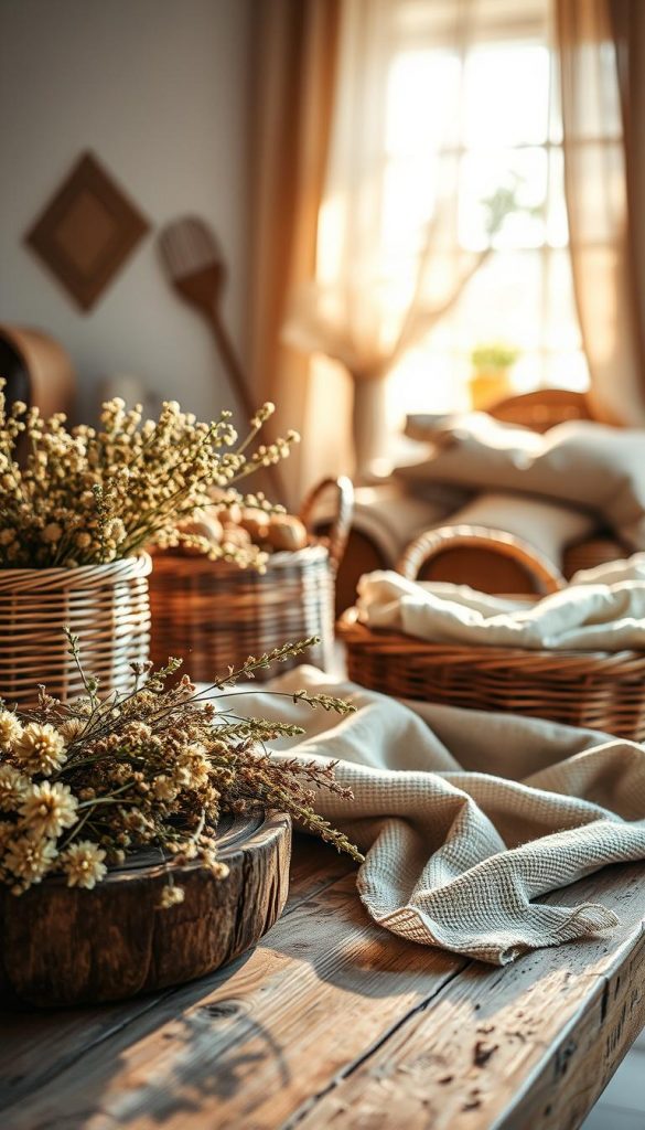 A serene composition highlighting the beauty of natural materials, showcasing a harmonious blend of warm colors and textures. In the foreground, a rustic wooden table adorned with woven baskets filled with dried flowers and greenery. The middle ground features a softly diffused light illuminating textured fabrics such as linen and cotton in earthy tones, enhancing their natural aesthetic. In the background, a soft-focus view of a sunlit window, casting gentle shadows and adding a warm ambiance. Use a shallow depth of field to draw attention to the materials while maintaining an inviting atmosphere. Captured with a warm color palette and a Scandinavian design influence, reflecting the spirit of "KlickKiste" – authentic and inspiring, reminiscent of a Pinterest-inspired DIY aesthetic. A serene composition highlighting the beauty of natural materials, showcasing a harmonious blend of warm colors and textures. In the foreground, a rustic wooden table adorned with woven baskets filled with dried flowers and greenery. The middle ground features a softly diffused light illuminating textured fabrics such as linen and cotton in earthy tones, enhancing their natural aesthetic. In the background, a soft-focus view of a sunlit window, casting gentle shadows and adding a warm ambiance. Use a shallow depth of field to draw attention to the materials while maintaining an inviting atmosphere. Captured with a warm color palette and a Scandinavian design influence, reflecting the spirit of "KlickKiste" – authentic and inspiring, reminiscent of a Pinterest-inspired DIY aesthetic.