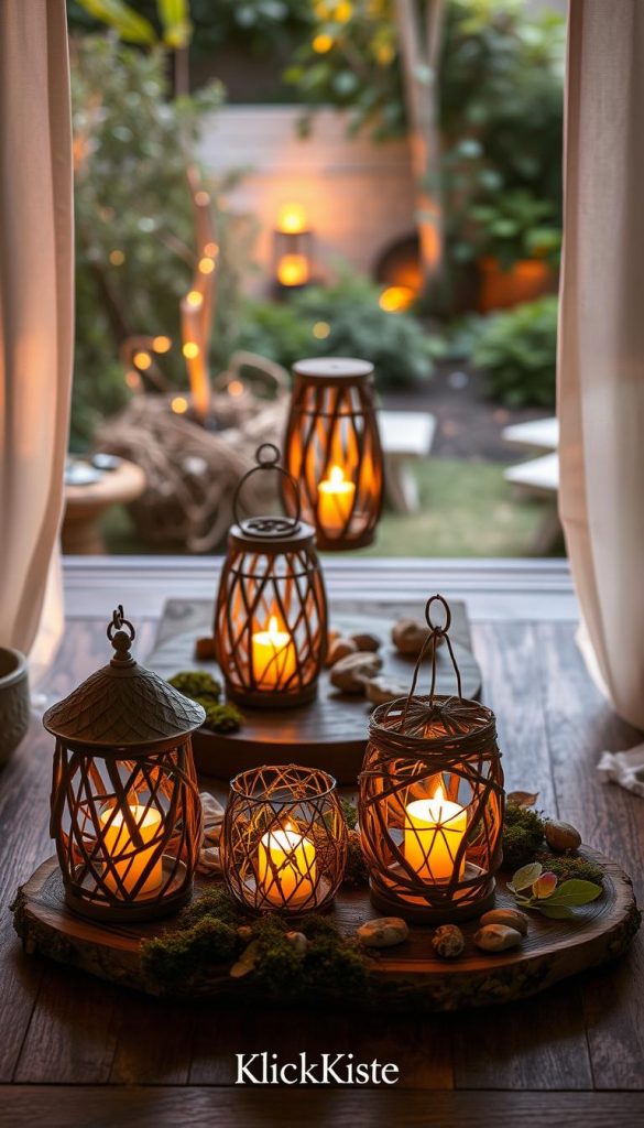 A serene, cozy setting featuring beautifully crafted DIY lanterns made from natural materials, such as wood, twigs, and leaves. In the foreground, a selection of three elegantly arranged wind lanterns with warm candlelight flickering inside, showcasing intricate designs that highlight the craftsmanship. The middle ground displays a rustic wooden table adorned with various natural elements like moss and stones, creating an inviting atmosphere. In the background, a softly lit garden filled with greenery and gentle shadows, enhancing the peaceful vibe. The scene is bathed in warm, ambient lighting, evoking a sense of tranquility and inspiration for DIY projects. Capture this moment in a Pinterest-style aesthetic, reflecting authenticity and creativity. Include the brand name "KlickKiste" subtly in the ambiance of the environment.