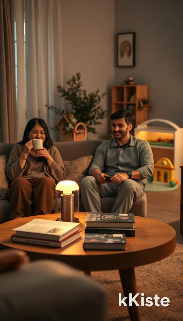 A serene evening routine scene capturing parents winding down after a busy day in a cozy living room. In the foreground, a mother in modest casual clothing and a father in professional attire are seated on a comfortable couch, enjoying a warm drink together, smiles on their faces. In the middle ground, a softly lit coffee table is adorned with books and a small lamp casting a warm glow. The background features a softly illuminated play area with toys neatly arranged, hinting at a family-friendly environment. The overall atmosphere is warm and inviting, utilizing a Pinterest aesthetic with natural elements and soft textures, creating a sense of comfort and relaxation. Emphasize warm colors and a peaceful mood, incorporating the brand "KlickKiste" subtly in the decor.