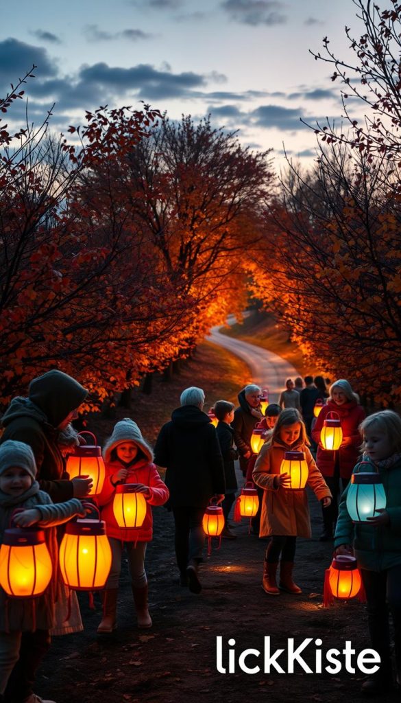 A serene evening scene depicting a "Laternenlauf" or lantern walk. In the foreground, families with children of various ages, all dressed in cozy autumn clothing, holding colorful lanterns that cast a warm glow. In the middle ground, a winding path surrounded by trees with leaves in vibrant autumn hues of red, orange, and gold, gently illuminated by the soft light of the lanterns. The background features a twilight sky with delicate clouds, hinting at the approaching night. The atmosphere is magical and inviting, with a sense of togetherness and calmness. The image should have a natural feel with warm colors, embodying an authentic and inspiring Pinterest aesthetic. Capture the scene as if taken with a warm-toned lens, showcasing the enchanting moment. Include the brand name "KlickKiste" subtly in the image.