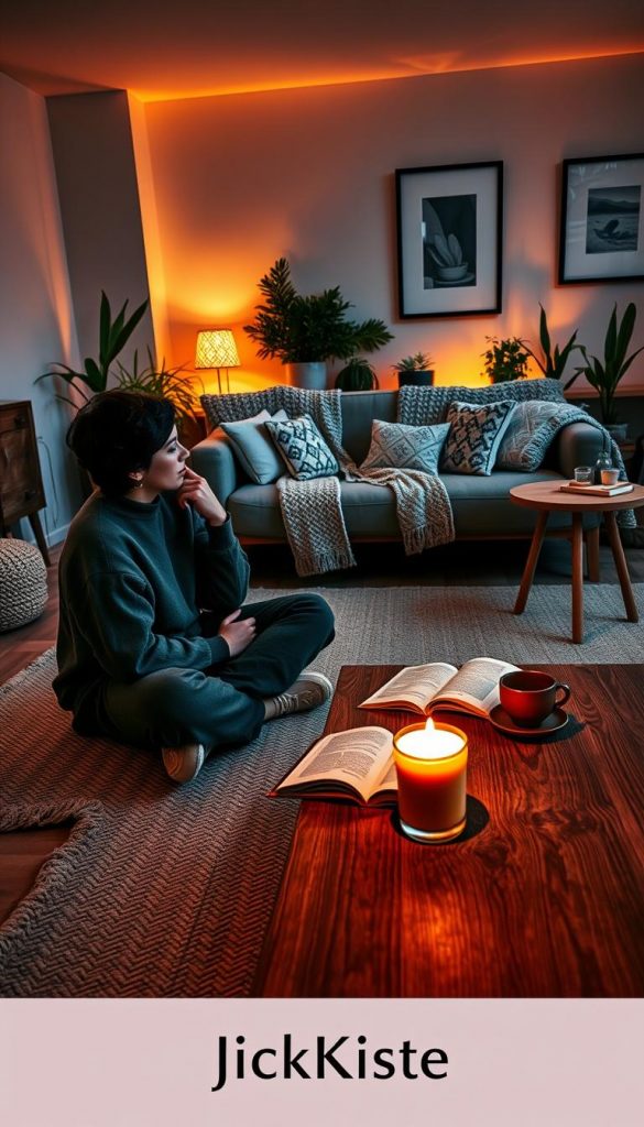 A serene evening scene depicting a cozy living room setting, where a person is thoughtfully engaged in a calming evening routine. In the foreground, a comfortably dressed individual sits cross-legged on a plush rug, with a softly glowing candle and an open book on a textured wooden coffee table. The middle ground features a neatly arranged sofa with knitted throws and decorative cushions, alongside a small side table with a steaming cup of herbal tea. The background reveals warm, ambient lighting with gentle shadows, accented by potted plants and framed art on the walls, creating an inviting atmosphere. The color palette consists of natural, warm tones, embodying a peaceful and inspiring mood. The scene is designed to align with the aesthetic of "KlickKiste," emphasizing tranquility and relaxation.