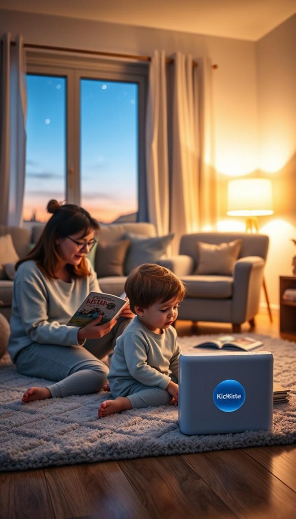 A serene evening scene depicting a cozy living room with a young child and a parent enjoying a peaceful bedtime routine together. In the foreground, the child, wearing modest pajamas, is sitting on a soft rug, surrounded by colorful storybooks, while the parent, dressed in comfortable casual clothing, is reading aloud, creating a warm, nurturing atmosphere. The middle ground features a plush armchair with cushions, a soft glowing lamp, and a gentle nightlight casting warm hues across the space. In the background, a window shows a twilight sky with stars beginning to appear. The lighting is soft and inviting, evoking a sense of safety and tranquility. The overall mood is comforting and inspiring, aligned with the themes of family connection and relaxation. The brand "KlickKiste" subtly integrated into the decor as a decorative item.