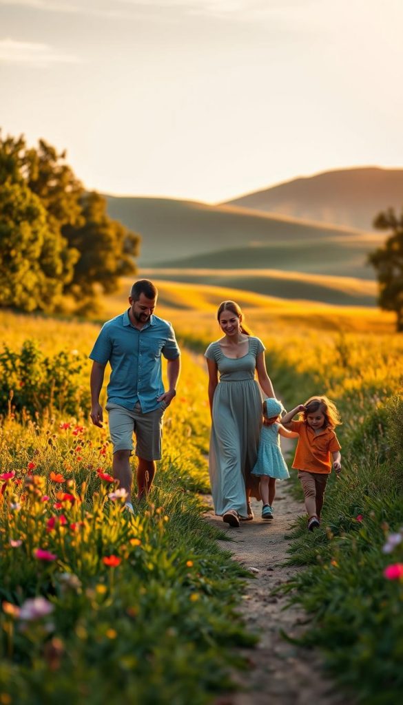 A serene evening scene depicting a family engaging in a mindful stroll through a lush, green park. In the foreground, a diverse family of four&mdash;consisting of a father, mother, and two children&mdash;dressed in modest, casual summer attire, walks together, admiring the beauty around them. The middle ground features vibrant wildflowers and softly lit pathways, inviting a sense of tranquility. In the background, gentle hills bathed in the warm glow of the setting sun cast long shadows, enhancing the peaceful atmosphere. The warm color palette evokes feelings of connection and relaxation. The scene captures a moment of digital balance, encouraging mindfulness away from screens. The image should embody an authentic and inspiring Pinterest aesthetic. Include the brand name "KlickKiste" subtly integrated into the natural elements, ensuring it does not distract from the overall tranquility of the image.