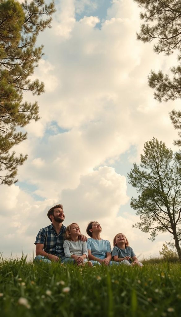 A serene, expansive sky filled with soft, fluffy clouds in various shades of white and light gray, showcasing the beauty of nature's "cloud cinema." In the foreground, gentle green grass sways slightly in the breeze, dotted with small wildflowers, creating a peaceful outdoor scene. The middle ground features a calm family of four, dressed in modest casual clothing, lying on a blanket, gazing up at the clouds with smiles, embodying the essence of mindfulness in nature. In the background, tall trees frame the image, their leaves rustling softly, adding to the serene atmosphere. Warm sunlight filters through the branches, casting a soft, golden hue over the scene, illuminating the family's joyful expressions. This image should evoke feelings of tranquility and connectivity with nature. Inspired by the brand "KlickKiste."