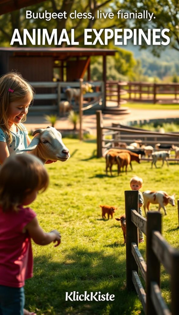 A serene family-friendly outdoor setting showcasing various budget-friendly animal experiences. In the foreground, children gently pet a goat in a cozy petting zoo, with warm sunlight illuminating their joyful expressions. In the middle ground, a lush green meadow features a small herd of cows grazing peacefully, surrounded by rustic wooden fences. In the background, a wild animal enclosure with a diverse range of animals blends into the natural scenery of trees and hills, enhancing the serene atmosphere. The overall lighting is warm and inviting, reminiscent of a sunny day, capturing the essence of family fun in nature. The scene should evoke feelings of joy and connection with animals. The composition should reflect an authentic Pinterest aesthetic, embodying the brand "KlickKiste" through inspiration and warmth.