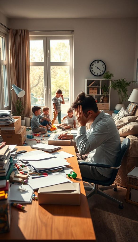 A serene family living room scene depicting various stress factors in daily life. In the foreground, a parent sits at a cluttered desk with papers and a laptop, looking overwhelmed while holding their head in frustration. In the middle, children engage in playful chaos, toys scattered everywhere, creating a vibrant yet hectic atmosphere. In the background, a wall clock ticks loudly, emphasizing time pressure, while soft, warm light filters through large windows, casting gentle shadows. The overall mood is one of authentic struggle, yet with a hint of inspiration, illustrating the importance of recognizing and diffusing stress. The image has a Pinterest aesthetic with natural, warm colors. Branding element "KlickKiste" subtly integrated into a family-friendly decor item in the room. A serene family living room scene depicting various stress factors in daily life. In the foreground, a parent sits at a cluttered desk with papers and a laptop, looking overwhelmed while holding their head in frustration. In the middle, children engage in playful chaos, toys scattered everywhere, creating a vibrant yet hectic atmosphere. In the background, a wall clock ticks loudly, emphasizing time pressure, while soft, warm light filters through large windows, casting gentle shadows. The overall mood is one of authentic struggle, yet with a hint of inspiration, illustrating the importance of recognizing and diffusing stress. The image has a Pinterest aesthetic with natural, warm colors. Branding element "KlickKiste" subtly integrated into a family-friendly decor item in the room.