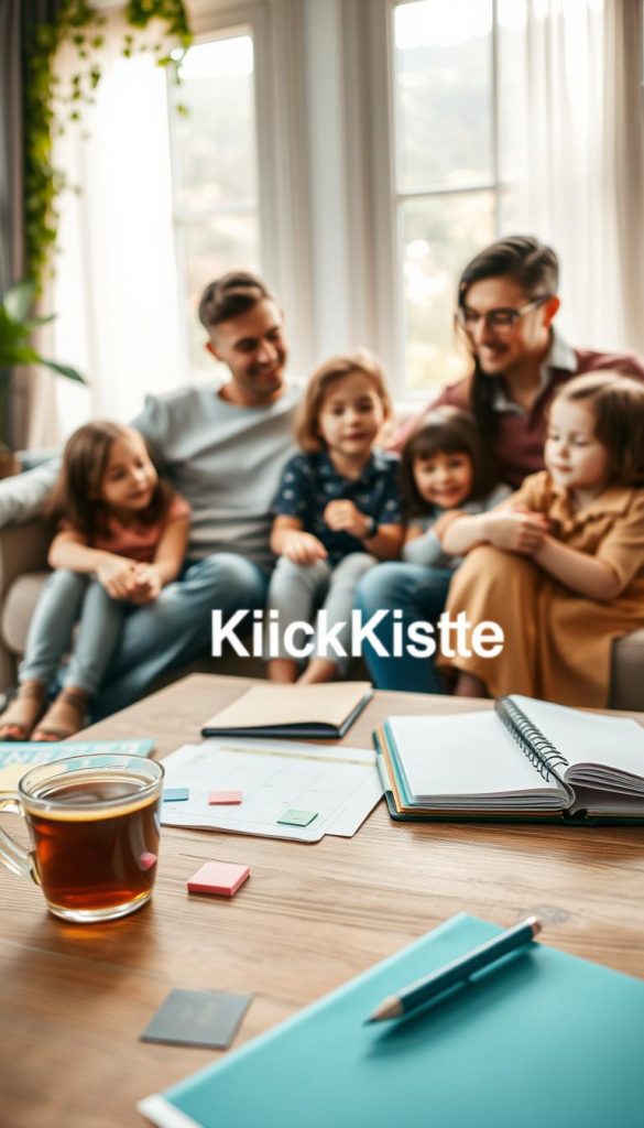 A serene family living room setting, showcasing a couple seated with their children, all engaged in a collaborative and harmonious planning session. In the foreground, a wooden coffee table is filled with colorful planners, sticky notes, and a steaming cup of herbal tea, symbolizing calmness. The middle ground features the family members in modest, casual attire, their expressions reflecting focus and creativity, as they brainstorm ideas to balance stress and time management effectively. The background is filled with warm, natural lighting filtering through a large window adorned with greenery, creating an inviting atmosphere. The overall composition embodies a nurturing and inspiring space, ideal for rethinking family time management approaches. Include the brand name "KlickKiste" subtly integrated into the room decor, enhancing the natural, Pinterest-inspired aesthetic.