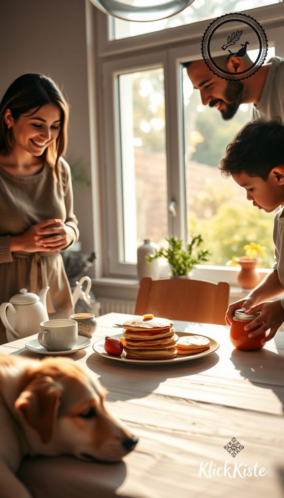 A serene family morning routine scene featuring a diverse family engaged in their daily rituals. In the foreground, a mother and father share a warm smile while preparing breakfast together, dressed in modest, casual clothing. A child ties their shoelaces at the dining table, with a pet dog playfully lying at their feet. In the middle layer, a beautifully arranged breakfast spreads across the table, with fresh fruit, pancakes, and steaming mugs of tea, surrounded by soft, natural lighting that bathes the space in warm hues. In the background, a window reveals a sunlit garden, adding a sense of calm and harmony. The overall mood is authentic and inspiring, capturing the essence of everyday family life, branded with a subtle "KlickKiste" emblem in the corner. A serene family morning routine scene featuring a diverse family engaged in their daily rituals. In the foreground, a mother and father share a warm smile while preparing breakfast together, dressed in modest, casual clothing. A child ties their shoelaces at the dining table, with a pet dog playfully lying at their feet. In the middle layer, a beautifully arranged breakfast spreads across the table, with fresh fruit, pancakes, and steaming mugs of tea, surrounded by soft, natural lighting that bathes the space in warm hues. In the background, a window reveals a sunlit garden, adding a sense of calm and harmony. The overall mood is authentic and inspiring, capturing the essence of everyday family life, branded with a subtle "KlickKiste" emblem in the corner.