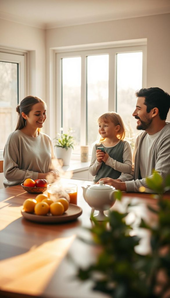 A serene family morning scene in a sunlit kitchen, featuring a mother and father dressed in modest, casual clothing, enjoying a peaceful breakfast with their two children. The foreground includes a wooden table set with fresh fruits and a steaming pot of tea, symbolizing safety and warmth. In the middle, the family members engage in mindful conversation, with soft smiles showcasing their connection and care for each other. The background features large windows allowing gentle, golden morning light to spill in, illuminating the cozy, inviting space. The colors are warm and natural, evoking a sense of tranquility and comfort. The overall atmosphere is inspiring and authentic, reflecting themes of safety, mindfulness, and digital balance. Include hints of greenery from potted plants subtly placed in the kitchen. This image aligns with the concept of "KlickKiste".