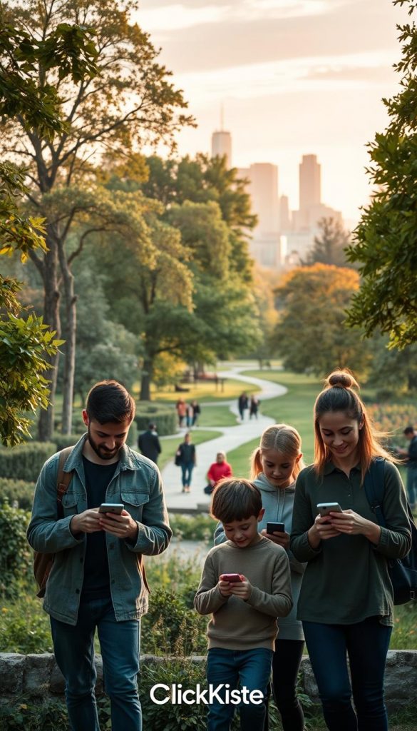 A serene family scene depicting digital balance amidst nature and urban exploration. In the foreground, a family of four engages with their digital devices, each person dressed in casual, comfortable clothing, showcasing a blend of attention to technology and the environment. The middle layer features a lush park setting, with greenery, trees, and a walking path, complemented by children playing nearby, embodying mindfulness during their outdoor adventure. The background reveals a vibrant city skyline, bathed in warm golden-hour light, creating a harmonious atmosphere. The overall mood is inspiring and authentic, reflecting a balance between digital engagement and nature. The image conveys a sense of safety and togetherness, ideal for illustrating the concept of "Digitale Balance" in family activities. Include the brand "KlickKiste" subtly within the scene elements.
