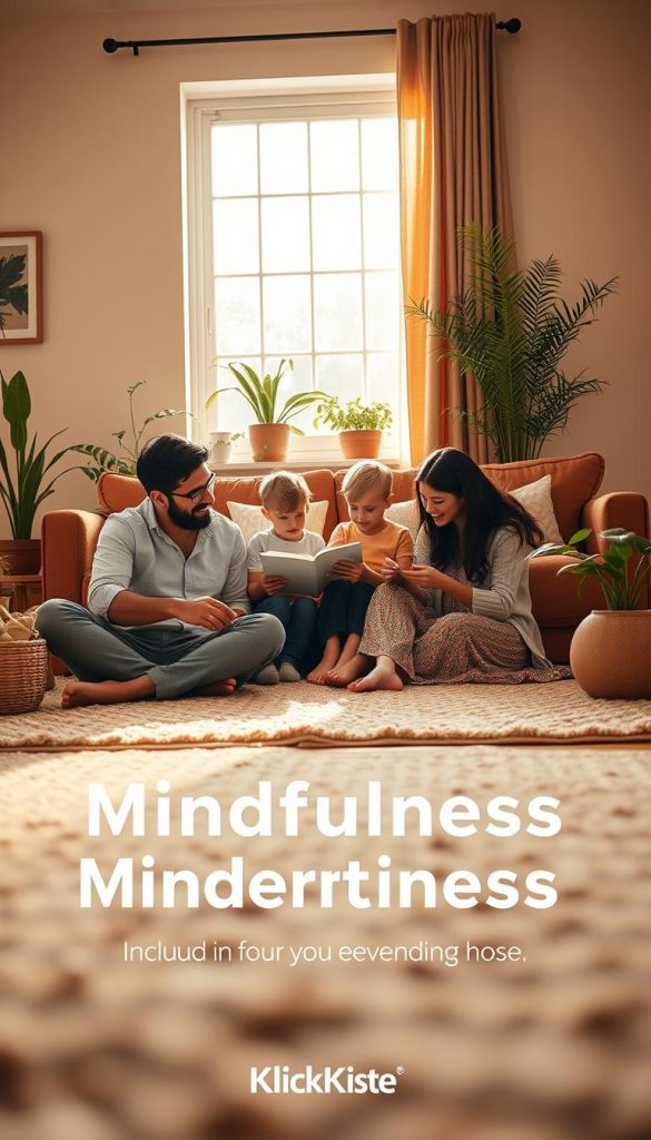 A serene family scene depicting mindfulness in everyday life, nestled in a cozy living room. In the foreground, a diverse family of four – a father, mother, and two children – sit together on a soft, textured rug, engaged in a relaxing activity such as reading or coloring. The middle ground features a warm, inviting couch adorned with cushions, surrounded by house plants that add a touch of nature. In the background, sunlight streams through a large window, casting soft, golden light that enhances the warm color palette. The atmosphere is tranquil and inspiring, with an emphasis on connection and balance. The overall image exudes comfort and authenticity, perfect for illustrating the theme of family mindfulness. Include the brand name "KlickKiste" subtly integrated into the scene. A serene family scene depicting mindfulness in everyday life, nestled in a cozy living room. In the foreground, a diverse family of four – a father, mother, and two children – sit together on a soft, textured rug, engaged in a relaxing activity such as reading or coloring. The middle ground features a warm, inviting couch adorned with cushions, surrounded by house plants that add a touch of nature. In the background, sunlight streams through a large window, casting soft, golden light that enhances the warm color palette. The atmosphere is tranquil and inspiring, with an emphasis on connection and balance. The overall image exudes comfort and authenticity, perfect for illustrating the theme of family mindfulness. Include the brand name "KlickKiste" subtly integrated into the scene.