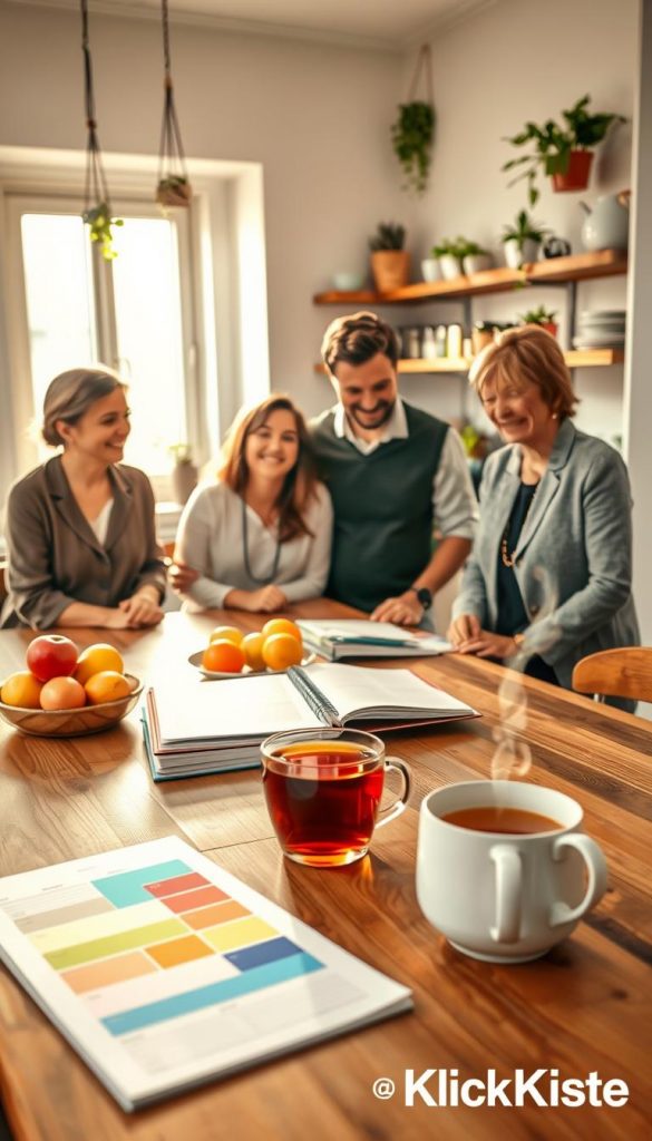 A serene family scene depicting "ordnung" through structure and routines. In the foreground, a neatly arranged wooden kitchen table with a color-coded planner, vibrant fruits, and a steaming cup of herbal tea, all bathed in warm, inviting light. In the middle, a family of four, dressed in modest and professional attire, joyfully engaging in a weekly planning session, illustrating harmony and cooperation. The background features a well-organized kitchen, with hanging plants and organized shelves, enhancing the sense of order. Soft natural light streams through a window, creating an uplifting and inspiring atmosphere. The image should convey a Pinterest-like aesthetic with warm colors, representing authenticity and inspiration for stress-free family life, branded with "KlickKiste." A serene family scene depicting "ordnung" through structure and routines. In the foreground, a neatly arranged wooden kitchen table with a color-coded planner, vibrant fruits, and a steaming cup of herbal tea, all bathed in warm, inviting light. In the middle, a family of four, dressed in modest and professional attire, joyfully engaging in a weekly planning session, illustrating harmony and cooperation. The background features a well-organized kitchen, with hanging plants and organized shelves, enhancing the sense of order. Soft natural light streams through a window, creating an uplifting and inspiring atmosphere. The image should convey a Pinterest-like aesthetic with warm colors, representing authenticity and inspiration for stress-free family life, branded with "KlickKiste."