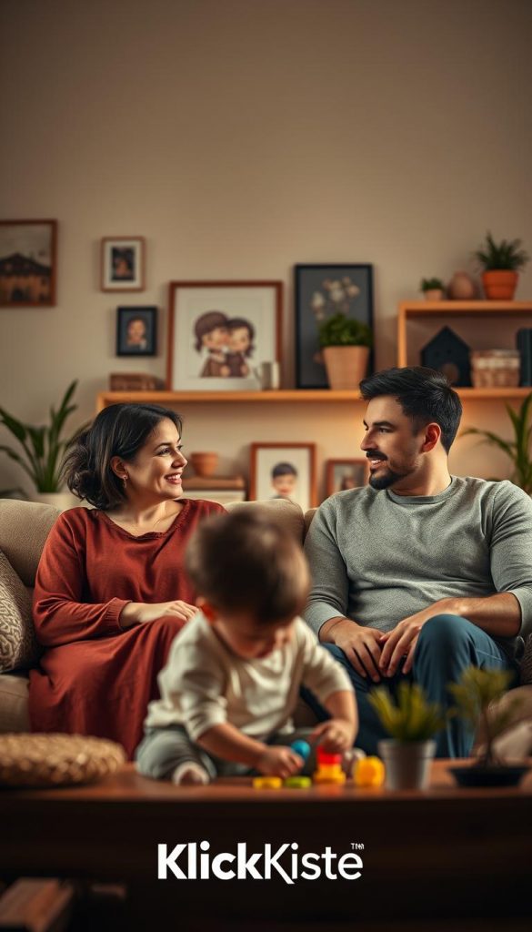 A serene family scene illustrating the theme of "listening" as a superpower in everyday communication. In the foreground, a mother and father are sitting on a cozy couch, engaged in heartfelt conversation, dressed in modest casual clothing. Their warm expressions convey genuine interest and support. In the middle, a young child is sitting nearby, playing with toys but occasionally looking up, indicating a relaxed environment that encourages communication. The background features a softly lit, inviting living room adorned with warm colors, plants, and family photos, creating an authentic and inspiring atmosphere. The lighting is warm and soft, capturing the essence of a peaceful family moment. The overall composition embodies the spirit of connection and understanding. The brand name "KlickKiste" subtly integrated into the decor, enhancing the cozy charm without overpowering the scene.
