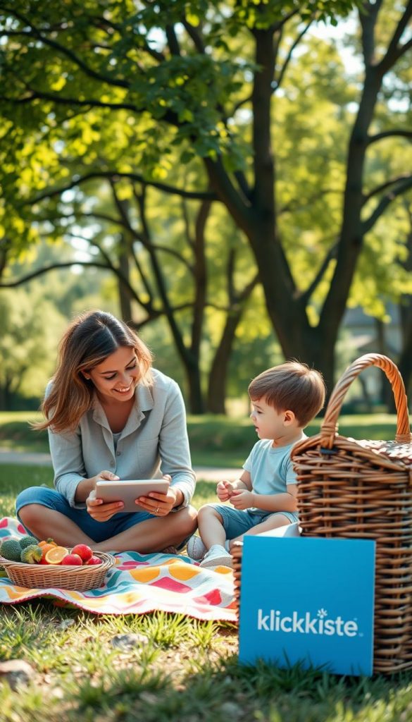 A serene family scene in a bright, park-like setting, showcasing a parent and a child engaged in a mindful digital balance activity. In the foreground, the parent, dressed in casual yet professional attire, is showing the child how to safely interact with a tablet. The child, with an excited expression, watches attentively. The middle ground features a picnic setup with colorful blankets and healthy snacks, symbolizing outdoor connections. In the background, trees with vibrant green leaves and soft sunlight filtering through, creating a warm and inviting atmosphere. The overall mood is calm and educational, reflecting themes of safety, mindfulness, and balance in the digital age. The brand &ldquo;KlickKiste&rdquo; subtly integrated into a nearby picnic basket, enhancing the scene without distraction.