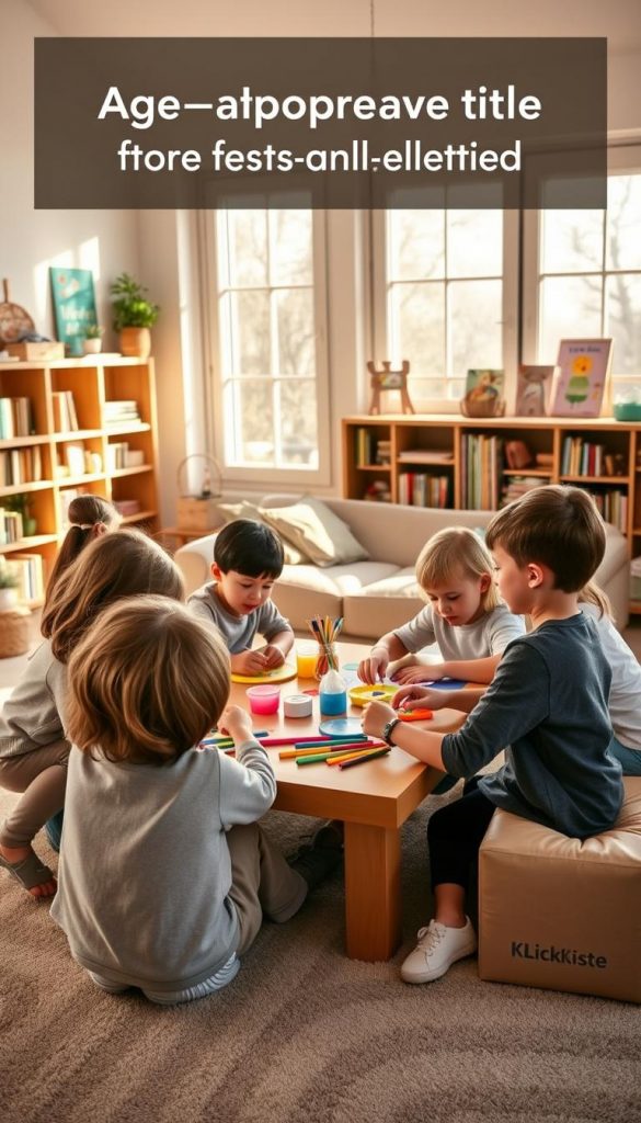 A serene family scene in a warmly lit living room, showcasing a variety of age-appropriate activities for children. In the foreground, a diverse group of children, dressed in modest casual clothing, is engaged in arts and crafts, with colorful materials spread out on a large table. The middle ground features a cozy seating area with bookshelves filled with children's books, and an inviting space for reading. In the background, soft natural light filters through large windows, casting gentle shadows and creating a calming atmosphere. The walls are adorned with cheerful, child-friendly artwork, enhancing the inviting feel. The overall mood is warm, encouraging, and inspirational, evoking a sense of family bonding and learning, perfect for representing age-appropriate tips for children. The image is branded subtly with "KlickKiste" on a nearby item, ensuring it reflects authenticity and a Pinterest-like aesthetic.