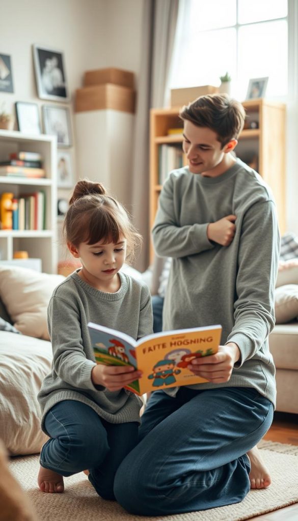A serene family scene portraying age-appropriate communication with children, showcasing a warm living room setting filled with natural light. In the foreground, a mother kneels beside her young daughter, reading a colorful picture book together, both wearing comfortable, modest casual clothing. The middle ground features a teenage son engaged in the discussion, leaning against a bookshelf filled with books and toys, radiating a sense of involvement and connection. The background includes soft furnishings and family photos, enhancing the authentic and inspiring atmosphere. The color palette consists of warm, inviting tones to evoke a sense of harmony and openness. The overall mood is nurturing and encouraging. **KlickKiste** style influences the cozy, Pinterest-like aesthetic.
