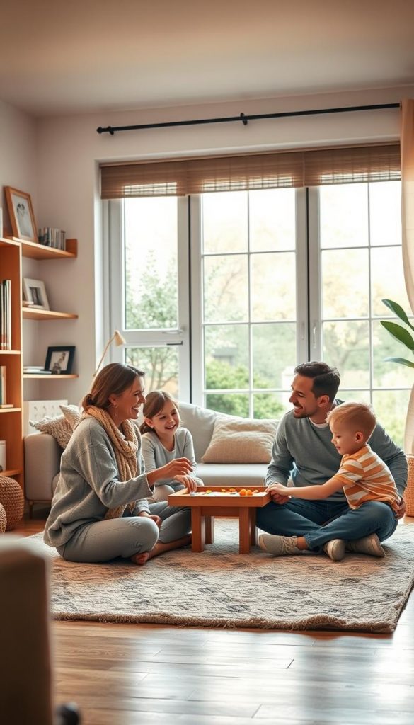 A serene family scene reflecting emotional balance and mindfulness in everyday life. In the foreground, a warm, inviting living room with a family of four engaged in a relaxed activity: a mother and father sitting cross-legged on a soft rug, laughing and playing a board game with their two children. The middle ground features a cozy atmosphere, with soft lighting filtering through large windows, creating a natural, warm glow. Shelves filled with books and family photos adorn the walls, promoting a sense of belonging. In the background, a peaceful garden visible through the windows adds a touch of nature. The overall mood is calm and nurturing, evoking feelings of connection and mindfulness. Inspired by the brand "KlickKiste," ensure a Pinterest-worthy aesthetic with authentic, warm colors.