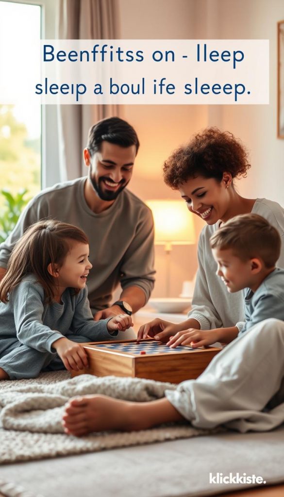 A serene family scene representing the benefits of sleep and nurturing relationships, centered around a cozy living room. In the foreground, a diverse family of four, dressed in modest casual clothing, shares a joyful moment together, engaging in a board game on a soft rug. The parents exude warmth and connection, while their two children lean in with laughter. In the middle ground, a gentle glow from a nearby lamp casts warm, inviting light, enhancing the feeling of comfort and togetherness. In the background, a window reveals a sunlit garden, hinting at a tranquil outdoor environment. Overall, the image evokes a sense of peace, happiness, and quality time spent together. The aesthetic has a Pinterest-worthy look with natural colors that inspire authenticity, branded with "KlickKiste."
