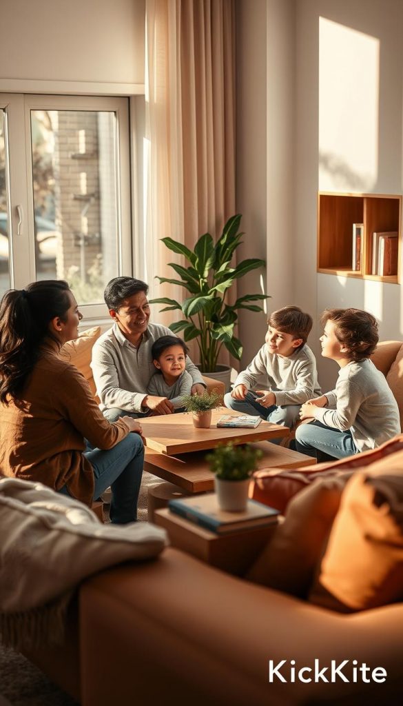 A serene family scene set in a cozy living room, emphasizing mindful communication and emotional balance. In the foreground, a diverse family of four—a mother, father, and two children—are seated comfortably around a low coffee table. They are engaged in a thoughtful conversation, with warm expressions and relaxed body language, while a soft, golden light filters through a nearby window, creating a tranquil atmosphere. The middle ground features soft furnishings in warm earth tones, a lush houseplant, and artfully arranged books. In the background, gentle natural light enhances the sense of tranquility, with soft shadows accentuating the peacefulness of the moment. The overall mood is harmonious and inspiring, showcasing the essence of "achtsamkeit kommunikation" in a modern family setting, perfectly aligned with the brand "KlickKiste." A serene family scene set in a cozy living room, emphasizing mindful communication and emotional balance. In the foreground, a diverse family of four—a mother, father, and two children—are seated comfortably around a low coffee table. They are engaged in a thoughtful conversation, with warm expressions and relaxed body language, while a soft, golden light filters through a nearby window, creating a tranquil atmosphere. The middle ground features soft furnishings in warm earth tones, a lush houseplant, and artfully arranged books. In the background, gentle natural light enhances the sense of tranquility, with soft shadows accentuating the peacefulness of the moment. The overall mood is harmonious and inspiring, showcasing the essence of "achtsamkeit kommunikation" in a modern family setting, perfectly aligned with the brand "KlickKiste."