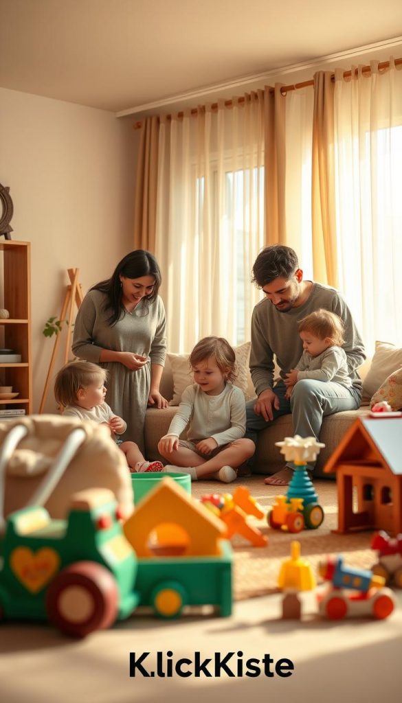 A serene family scene showcasing a mother and father engaging with their young children in a sunlit living room. In the foreground, the parents, dressed in modest, casual clothing, are playfully interacting with their children, fostering a sense of safety and mindfulness. The middle ground features a cozy, clutter-free space with warm colors, emphasizing a relaxed atmosphere. Toys are neatly arranged, suggesting an organized yet inviting environment. In the background, soft natural light filters through sheer curtains, bathing the room in a golden glow, enhancing the feelings of warmth and security. The overall mood is calm and inspiring, reflecting the essence of family togetherness and peace. The image embodies the brand "KlickKiste".
