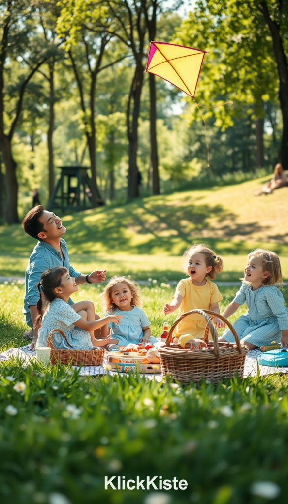 A serene family scene showcasing a weekend of activities together, set in a lush, sunlit park. In the foreground, a diverse family of four is engaging in playful interaction, the parents dressed in modest casual clothing, laughing while flying a colorful kite with their young children. The middle ground features a picnic blanket adorned with delicious snacks and a vibrant picnic basket, surrounded by greenery and wildflowers. The background reveals a gentle slope with tall trees, dotted with sunlight filtering through leaves. The overall atmosphere is warm and inviting, inducing a sense of harmony and tranquility. Emphasize natural lighting with a soft glow, capturing an authentic, Pinterest-inspired look, underlining the essence of family fun and relaxation. Brand it with the name "KlickKiste".