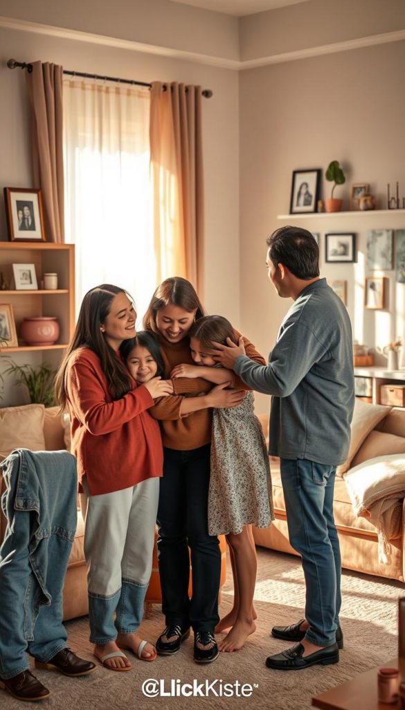 A serene family scene showcasing emotional connection, depicting a heartfelt moment of reconciliation. In the foreground, a diverse group of three adults and two children wearing modest casual clothing, engaged in a warm embrace, conveying the essence of support and understanding. The middle ground features a cozy living room adorned with warm colors, soft textiles, and family photographs, enhancing the atmosphere of comfort. In the background, sunlight filters through sheer curtains, casting soft shadows and highlighting the joyful expressions of the characters. The mood is tender and uplifting, capturing the subtleties of feelings that accompany everyday life. The overall composition has a Pinterest aesthetic, evoking authenticity and inspiration, branded with "KlickKiste" subtly integrated into the scene. Soft, natural lighting enhances the warmth, reminiscent of a gentle afternoon. A serene family scene showcasing emotional connection, depicting a heartfelt moment of reconciliation. In the foreground, a diverse group of three adults and two children wearing modest casual clothing, engaged in a warm embrace, conveying the essence of support and understanding. The middle ground features a cozy living room adorned with warm colors, soft textiles, and family photographs, enhancing the atmosphere of comfort. In the background, sunlight filters through sheer curtains, casting soft shadows and highlighting the joyful expressions of the characters. The mood is tender and uplifting, capturing the subtleties of feelings that accompany everyday life. The overall composition has a Pinterest aesthetic, evoking authenticity and inspiration, branded with "KlickKiste" subtly integrated into the scene. Soft, natural lighting enhances the warmth, reminiscent of a gentle afternoon.