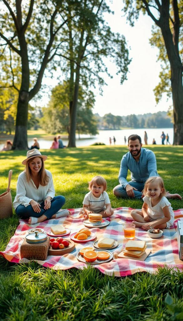 A serene family scene showcasing "weekend ideas without additional stress." In the foreground, a cozy picnic setup with a colorful blanket spread across lush green grass, inviting food like fresh fruits and sandwiches laid out. A smiling family, dressed in modest casual clothes, including a mother and father and two children, are engaging in light-hearted games. In the middle ground, a calm park with gentle sunlight filtering through leafy trees, casting dappled shadows on the ground. The background features a peaceful lake with people leisurely strolling and a soft blue sky. The atmosphere is warm and inviting, evoking a sense of relaxation and inspiration, ideal for leisure time. The image embodies a natural aesthetic with warm colors, reminiscent of a Pinterest mood board. Captured with a soft-focus lens to enhance the warmth and tranquility, as branded by KlickKiste. A serene family scene showcasing "weekend ideas without additional stress." In the foreground, a cozy picnic setup with a colorful blanket spread across lush green grass, inviting food like fresh fruits and sandwiches laid out. A smiling family, dressed in modest casual clothes, including a mother and father and two children, are engaging in light-hearted games. In the middle ground, a calm park with gentle sunlight filtering through leafy trees, casting dappled shadows on the ground. The background features a peaceful lake with people leisurely strolling and a soft blue sky. The atmosphere is warm and inviting, evoking a sense of relaxation and inspiration, ideal for leisure time. The image embodies a natural aesthetic with warm colors, reminiscent of a Pinterest mood board. Captured with a soft-focus lens to enhance the warmth and tranquility, as branded by KlickKiste.